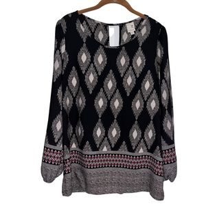 PINK OWL APPAREL Tunic Top Black Multi Color Geo Print Belle Sleeve Size Small